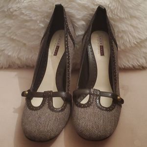 Brown Fabric & Patent leather Pumps